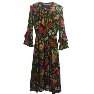 Twisted Wunder Vibrant Retro Floral Ruffle Bell Sleeve Tie Neck Dress Size 6